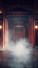 Fototapeta premium A Chinese temple entrance with large wooden doors and red pillars, surrounded by incense smoke, soft diffused lighting creating a spiritual and peaceful atmosphere