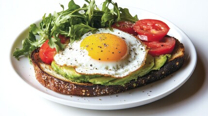 A vibrant breakfast plate of avocado toast topped with a runny yolk egg, set against a white background,