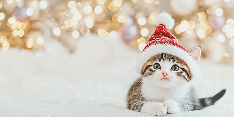 A cute fluffy red white grey calico  kitten in a christmas hat sitting on the ground against an Christmas tree with silver decor