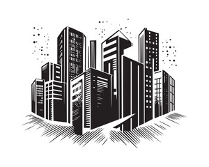 Obraz premium Hand-drawn Engraved Vector Illustration of Modern Cityscape with High-rise Buildings