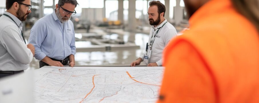Engineers and climate scientists gathered around flood maps in a crisis center, planning new flood prevention measures to safeguard future urban populations