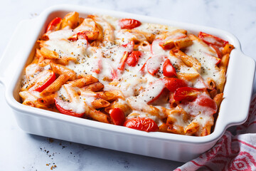 Baked pasta with tomatoes and mozzarella cheese in oven dish.