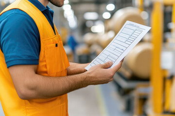 Engineer conducting quality assurance on an assembly line, using a checklist to mark inspected products for compliance and efficiency.