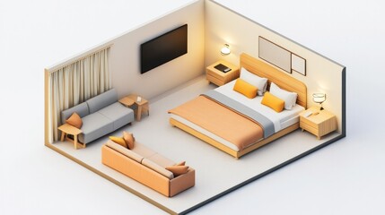 A basic hotel room layout with a queen-size bed and small sitting area, designed on a white background to emphasize simplicity and comfort.