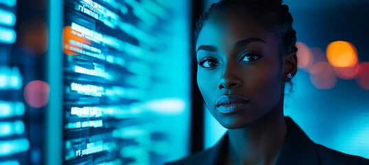 Young Woman With Focused Expression Illuminated By Electronic Display, Coding, Technology Concept