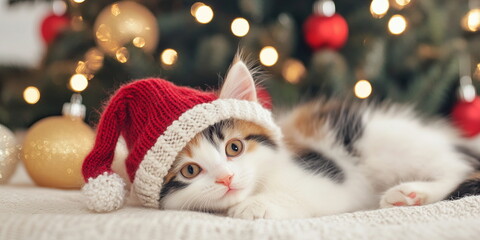 A cute fluffy red white grey calico  kitten in a christmas hat sitting on the ground against an Christmas tree with silver decor