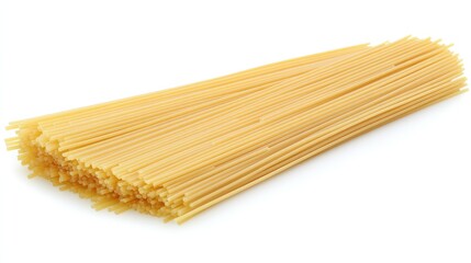 A bundle of uncooked spaghetti noodles, neatly arranged against a clean white background, showcasing their golden texture and simplicity.