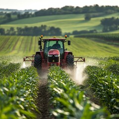 Fototapeta premium Modern Farming Tractor Spraying Pesticides on Spring Cornfield