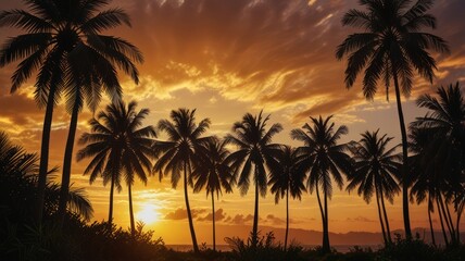 Obraz premium Silhouettes of palm trees against a fiery sunset sky.