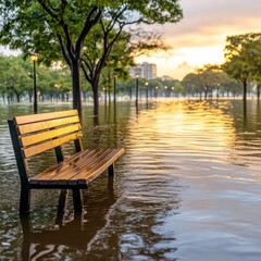 Obraz premium Flooded urban parks with submerged trees and benches, highlighting the transformation of public spaces due to rising water levels