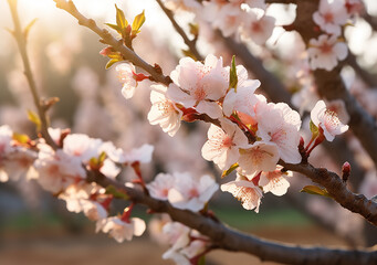 Atmospheric spring blossoms in misty daybreak morning sunrise