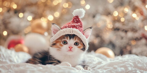 A cute fluffy red white grey calico  kitten in a christmas hat sitting on the ground against an Christmas tree with silver decor