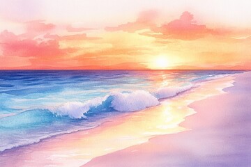 Fototapeta premium A beautiful watercolor painting of a sunset over waves on a beach with soft colors and serene atmosphere.