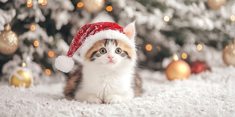 A cute fluffy red white grey calico  kitten in a christmas hat sitting on the ground against an Christmas tree with silver decor