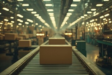 Cardboard Box Moving on Conveyor Belt in Factory Setting
