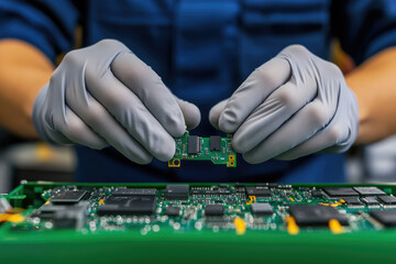 Quality control technician in gloves, assessing electronic components using specialized testing equipment for reliability and performance validation
