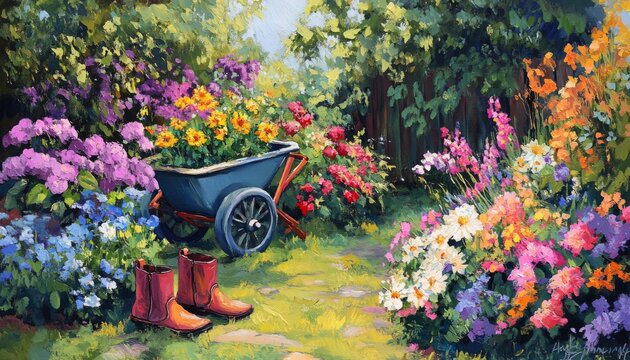 A colorful garden with a wheelbarrow full of flowers, red boots, and a path. - Powered by Adobe