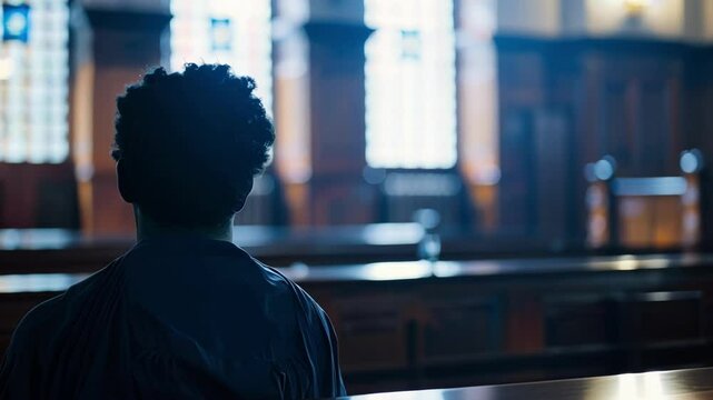 Lawyer is sitting alone in a courtroom on a bench, waiting for their trial to begin. The dark mood of the image evokes the uncertainty and stress of a trial