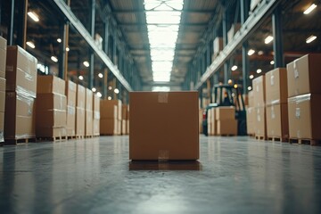 Naklejka premium A Single Cardboard Box in a Large Warehouse with Rows of Other Boxes