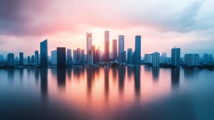 Obraz premium High-tech urban landscape being overtaken by sudden flash floods, skyscrapers and modern structures crumbling under the weight of climate disaster, showing urban fragility