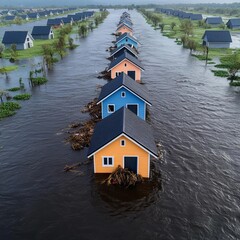 Naklejka premium Homes collapsing into a flooded river, symbolizing the relentless power of nature on human settlements