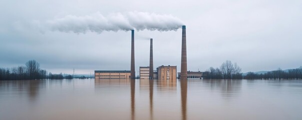 Industrial factories surrounded by floodwaters, smoke still billowing from chimneys, representing the dual crisis of environmental destruction and human-caused emissions
