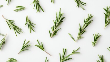 Obraz premium A detailed shot of rosemary leaves scattered on a white background, creating a fresh and natural culinary presentation.