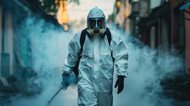A pest control service worker in a white protective suit and mask sprays poisonous gas, with fog-like fumes spreading around, ensuring safety and thorough pest elimination