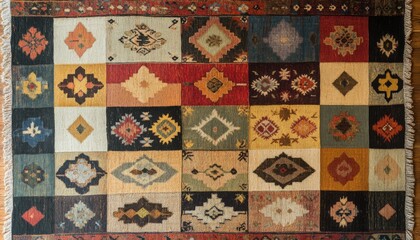A colorful rug with a geometric pattern.