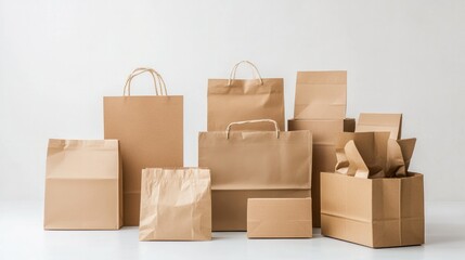A group of stacked paper bags on a white background, emphasizing sustainability and environmental friendliness in packaging.