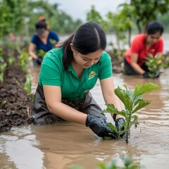 People planting trees in flooded areas, symbolizing hope and reforestation efforts in climate recovery