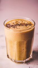 A smoothie in a glass with a spoon resting inside, showcasing its creamy texture and vibrant color.