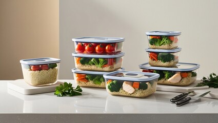 A set of meal prep containers filled with fresh vegetables, grains, and proteins, arranged on a clean kitchen counter.