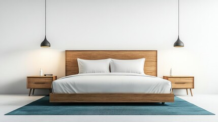 A modern hotel room layout with a king-size bed, nightstands, and minimalist furniture, isolated on a white background for a sleek design concept.