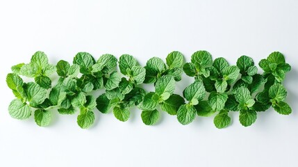 Obraz premium A neat arrangement of mint leaves, isolated on a bright white background, showcasing their vibrant color and natural texture for food or health-related visuals.