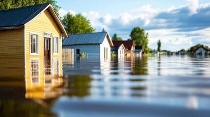 Residents of a small town watching floodwaters slowly creep toward their homes, a tense moment of anticipation and vulnerability to climate change impacts