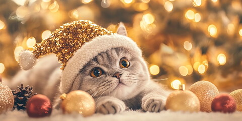 A cute happy smiling white and grey British Shorthair cat with brown eyes in a christmas hat, playing on the ground, against an Christmas tree 