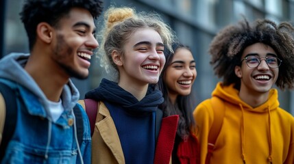 Students laugh, chat outdoors