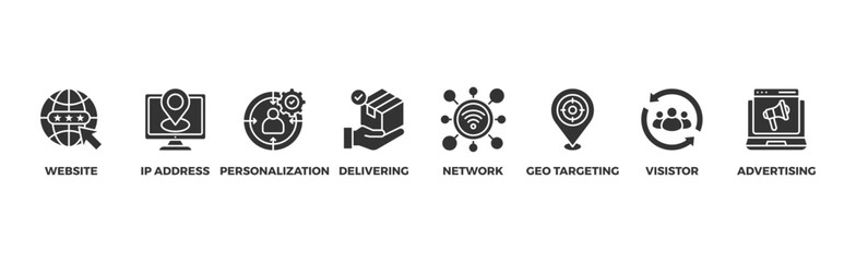 Geo-targeting banner web icon vector illustration concept with icon of website, ip address, personalization, delivering, network, geo targeting, visistor, advertising