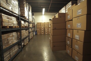 Stacked Cardboard Boxes in a Warehouse Interior