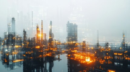 Fototapeta premium Future factory plant and energy industry concept. Refineries for oil, gas, and petrochemicals with double exposure showing future power and energy industry