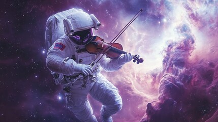 Naklejka premium An astronaut in a spacesuit plays the violin as he gracefully floats through a swirling, colorful nebula. Space