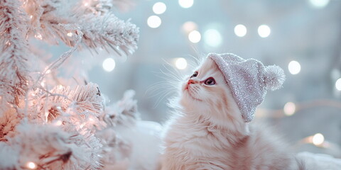 A cute fluffy red white kitten in a christmas hat sitting on the ground against an Christmas tree with silver decor