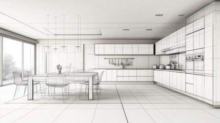 A modern spacious kitchen dissolving into a 3D grid and sketch for innovative design concepts