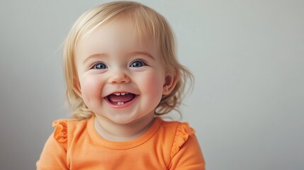Naklejka premium Laughing blonde toddler in orange suit on white background