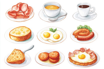 Breakfast set bread fried eggs sausage ham bacon tea or coffee