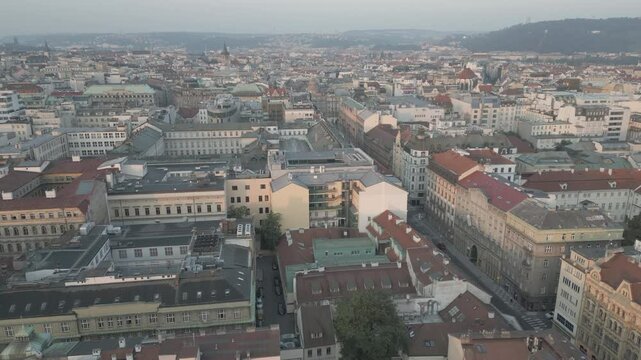 Prague aerial skyline panorama fly over downtown old town city centre.