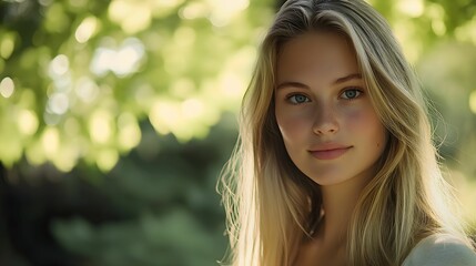 Fototapeta premium portret kobiety, blond włosy, proste włosy, europejska kobieta, niska przysłona, naturalne światło, portret plenerowy, zbliżenie twarzy, miękkie światło, rozmyte tło, głębia ostrości, portret kobiety,