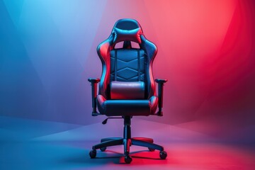 A stylish gaming chair in vibrant red and blue light against a soft gradient background
