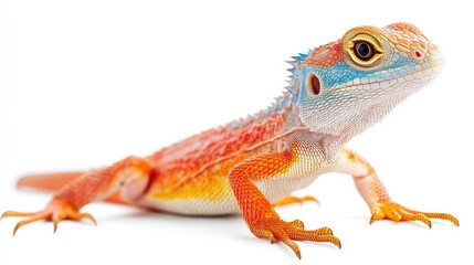 Obraz premium A Beautiful bright lizard, bright colors, long tail, bright shining eyes, standing upright full length, white background